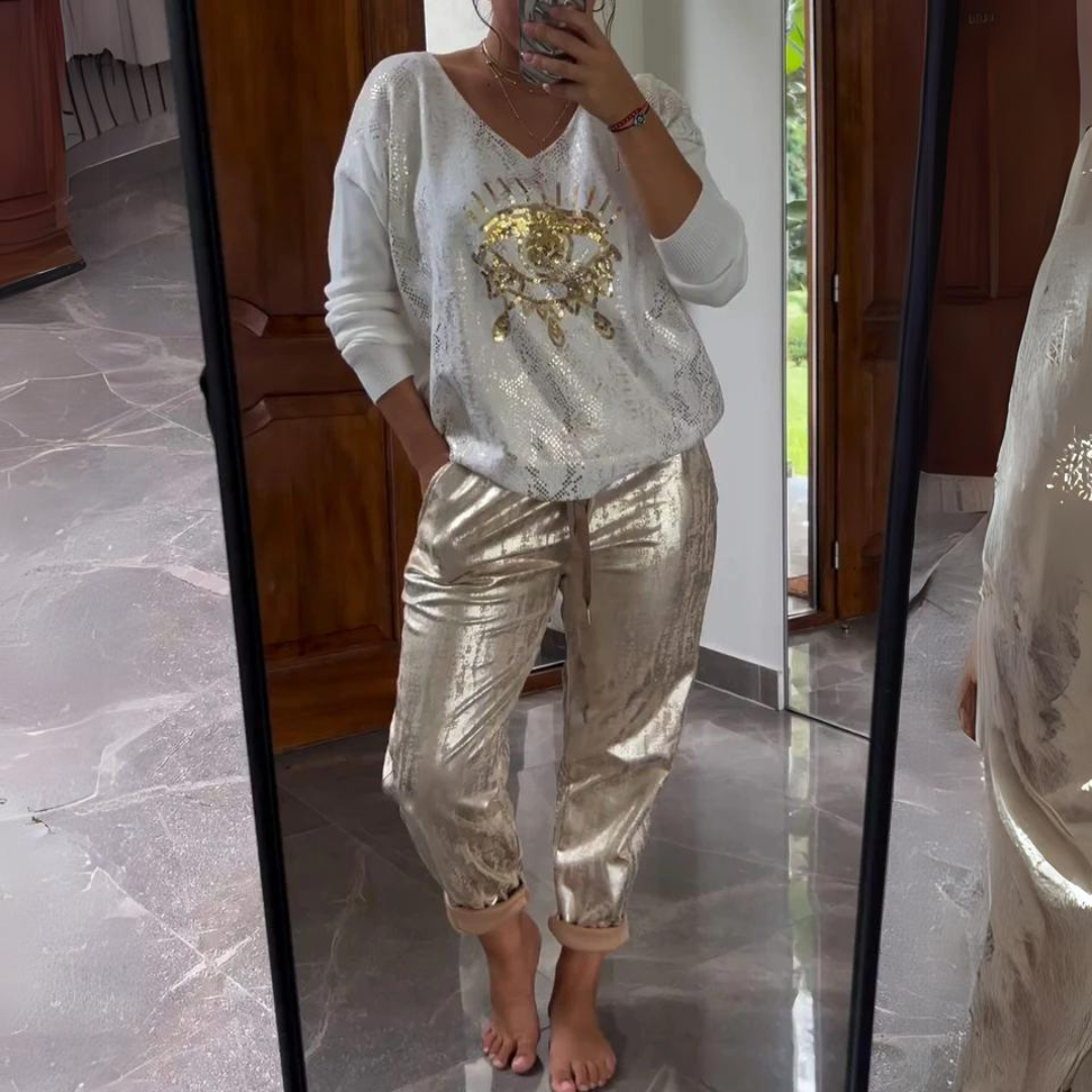 Annika | Dame Metallic Bukser Og Top Sæt Med Grafikdesign