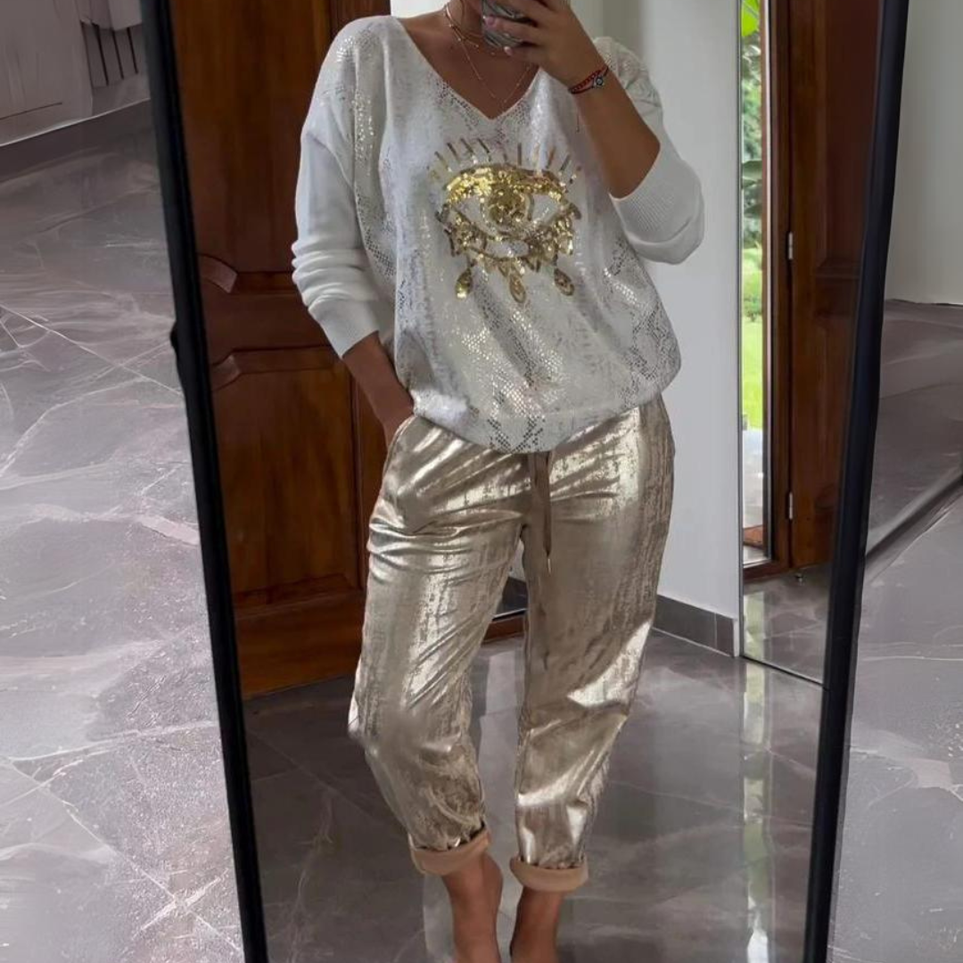 Annika | Dame Metallic Bukser Og Top Sæt Med Grafikdesign