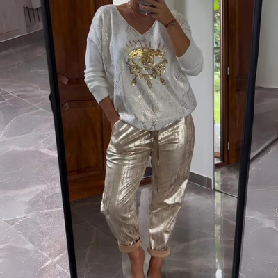 Annika | Dame Metallic Bukser Og Top Sæt Med Grafikdesign