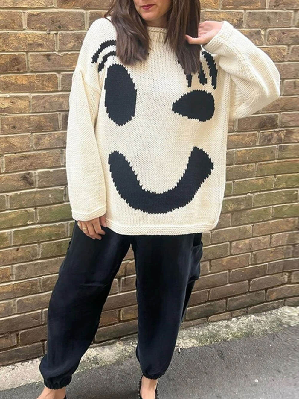 Gudrun | Dame Vinter Afslappet Pullover med Smiley-Print