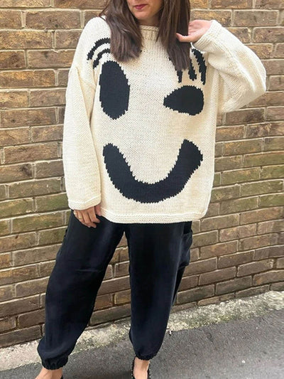 Gudrun | Dame Vinter Afslappet Pullover med Smiley-Print