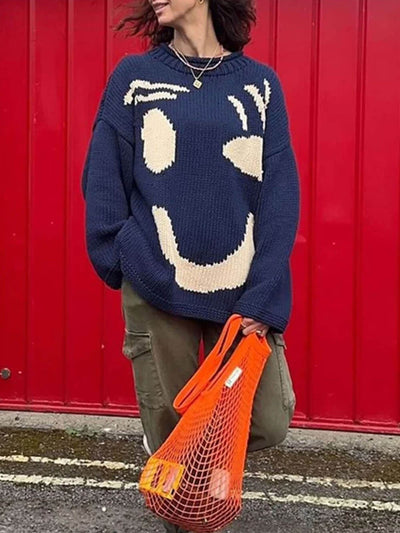 Gudrun | Dame Vinter Afslappet Pullover med Smiley-Print