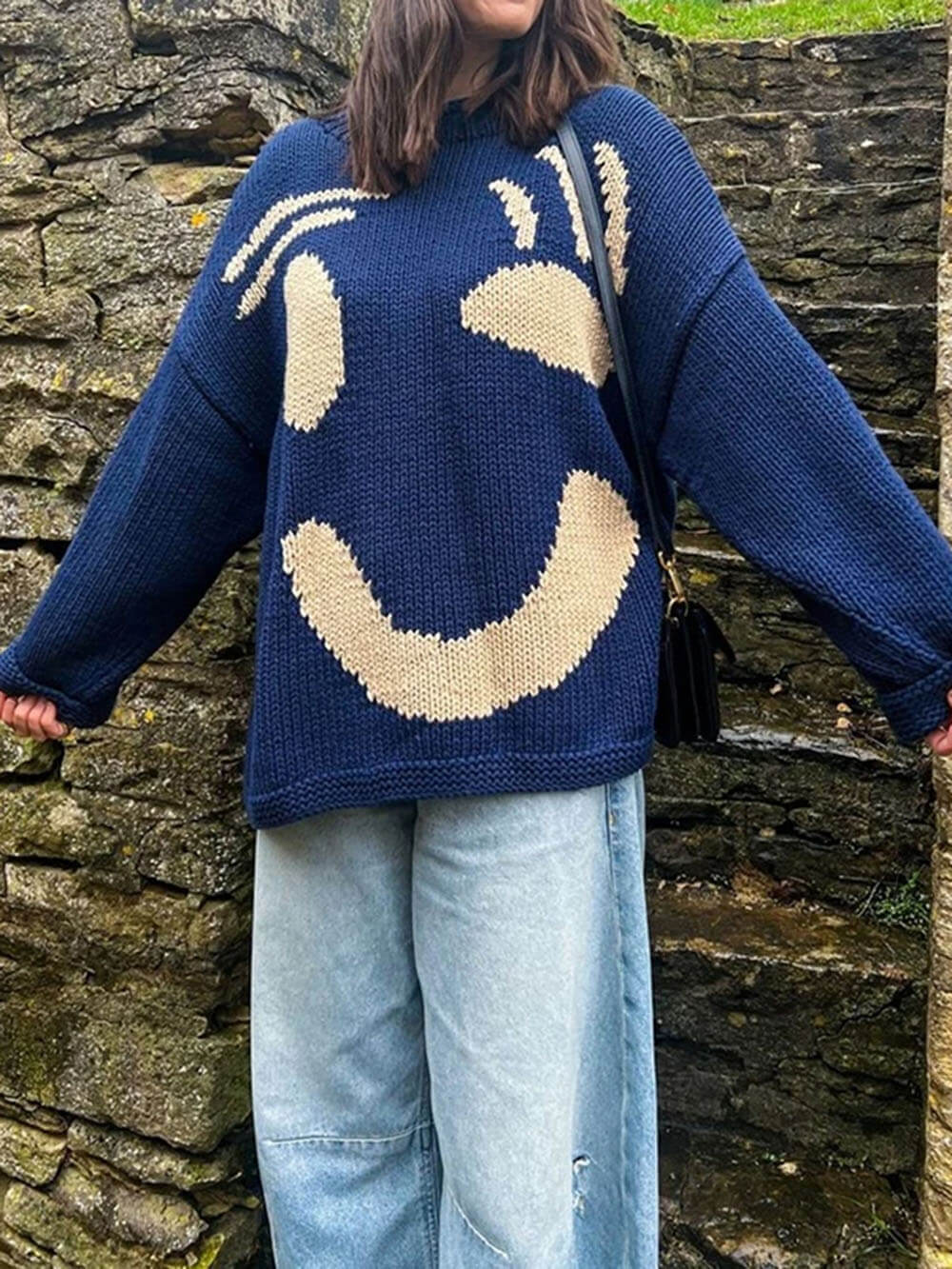 Gudrun | Dame Vinter Afslappet Pullover med Smiley-Print