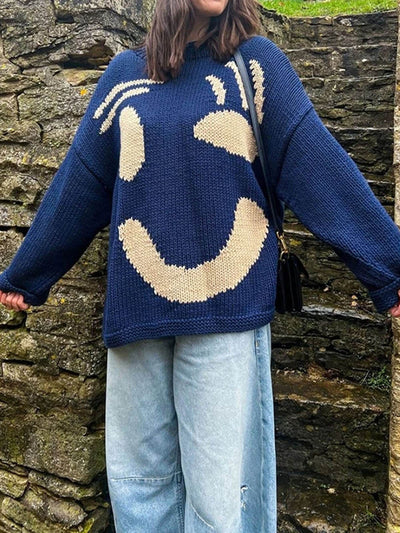 Gudrun | Dame Vinter Afslappet Pullover med Smiley-Print