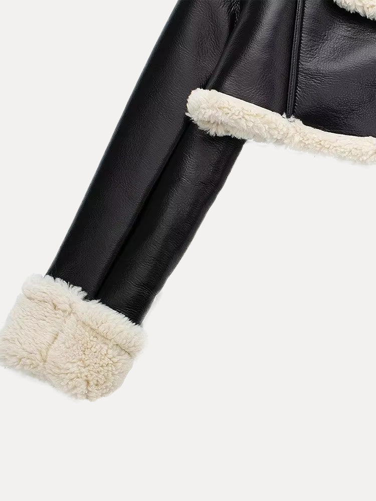 Victoria | Dame Kort Læderjakke med Shearling Krave