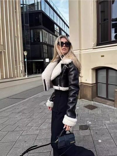 Victoria | Dame Kort Læderjakke med Shearling Krave