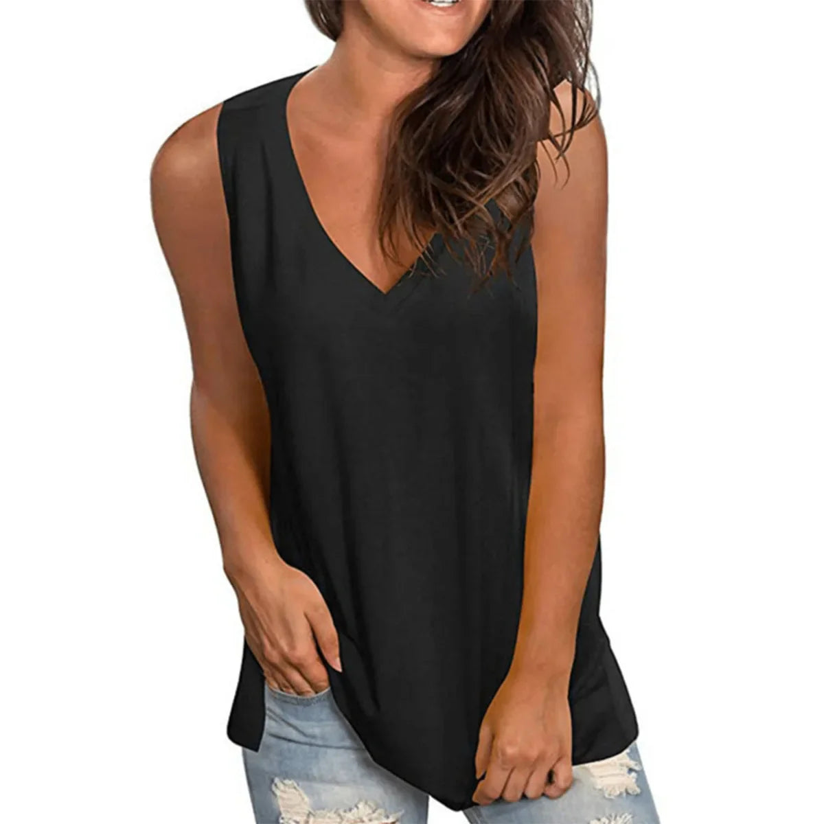 Katja | Dame Sommer Top Ærmeløs Løs Pasform Med V-Hals