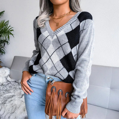 Susanne | Dame V-Hals Sweater Med Argyle Mønster