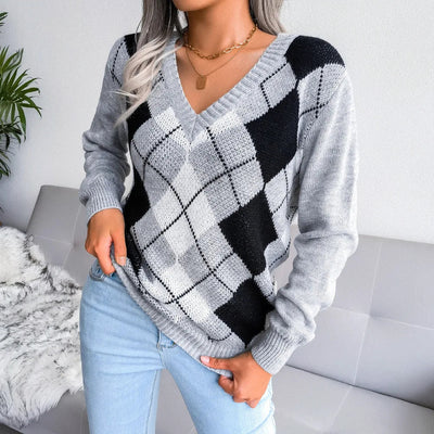 Susanne | Dame V-Hals Sweater Med Argyle Mønster