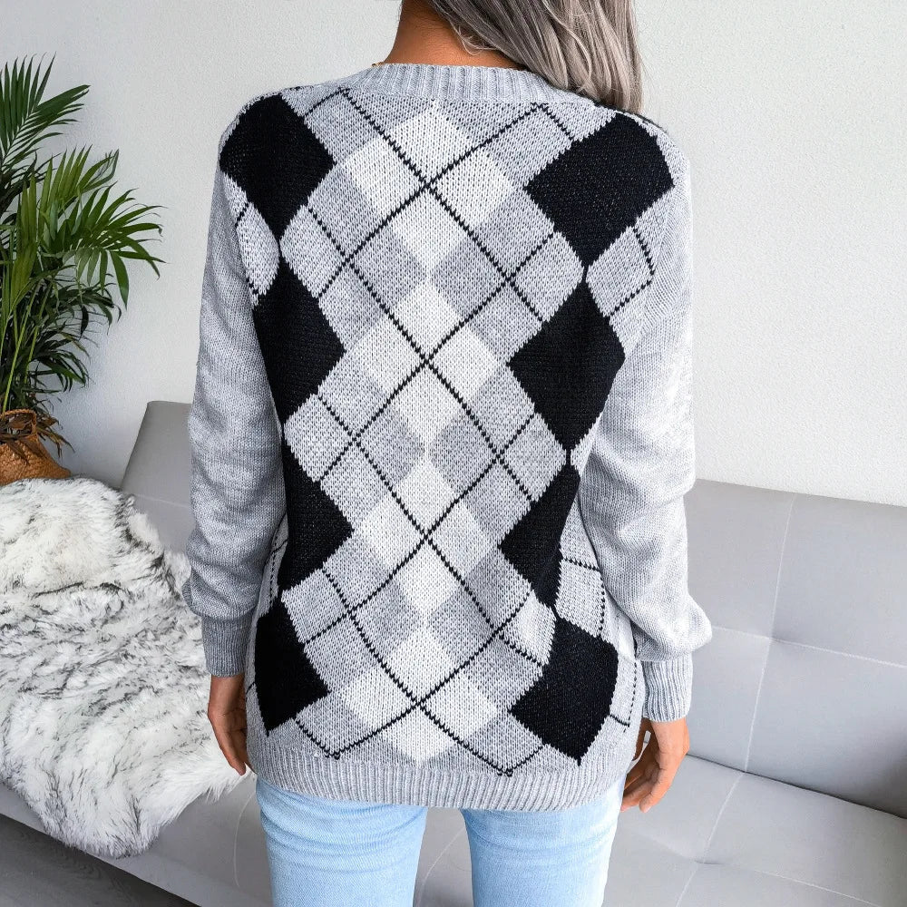 Susanne | Dame V-Hals Sweater Med Argyle Mønster