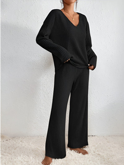 Wilma | Ribbet V-hals sweater sæt