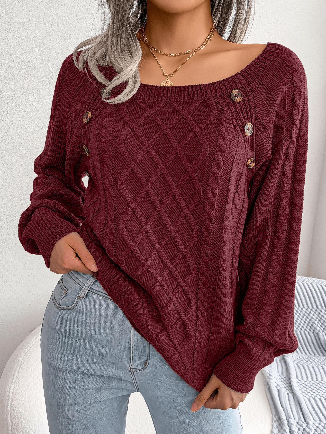 Sandra | Dame Kabelstrik Sweater Med Knapdetaljer