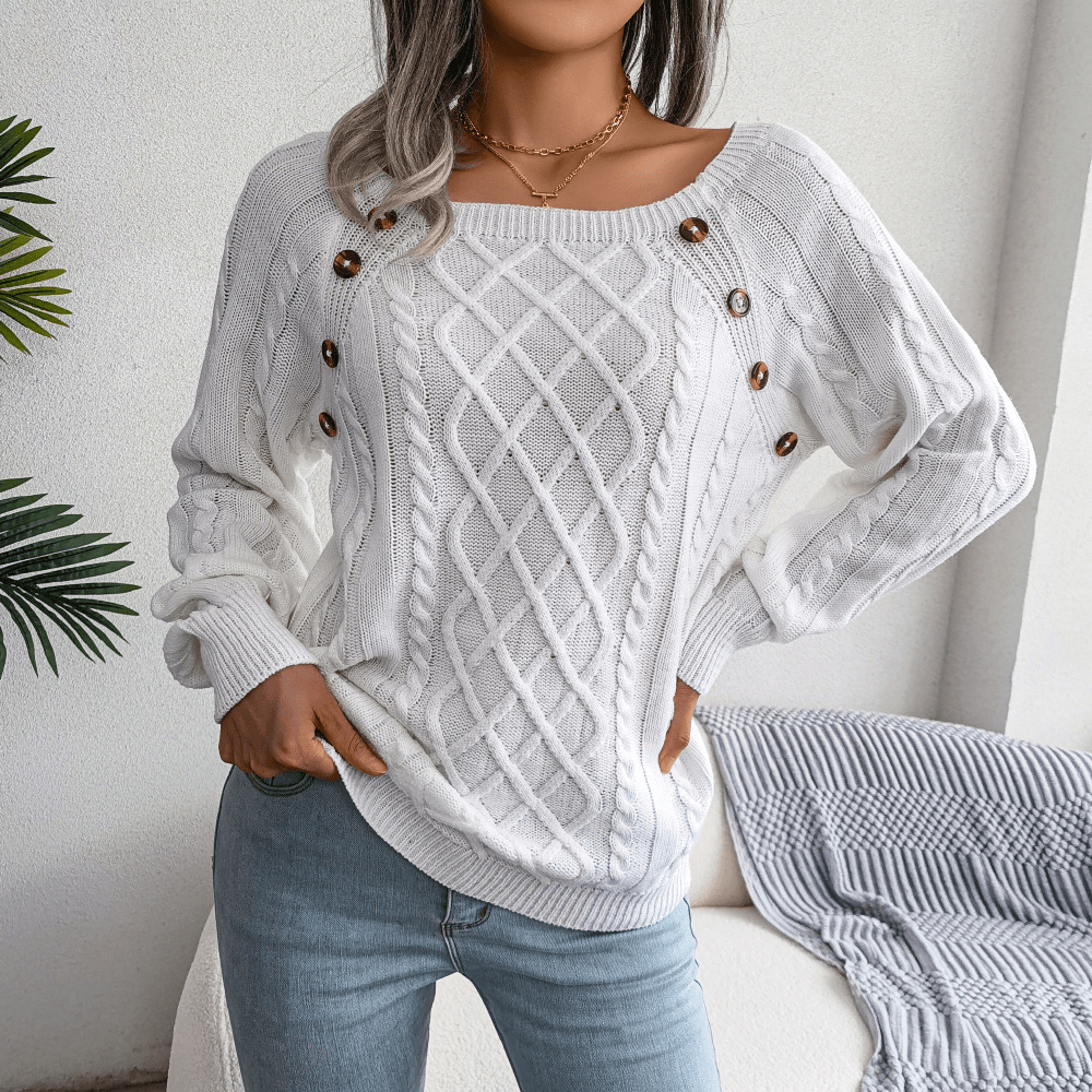 Sandra | Dame Kabelstrik Sweater Med Knapdetaljer