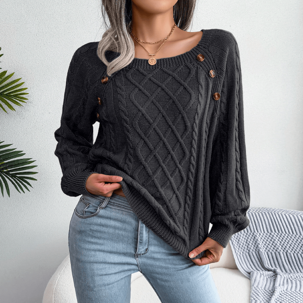 Sandra | Dame Kabelstrik Sweater Med Knapdetaljer