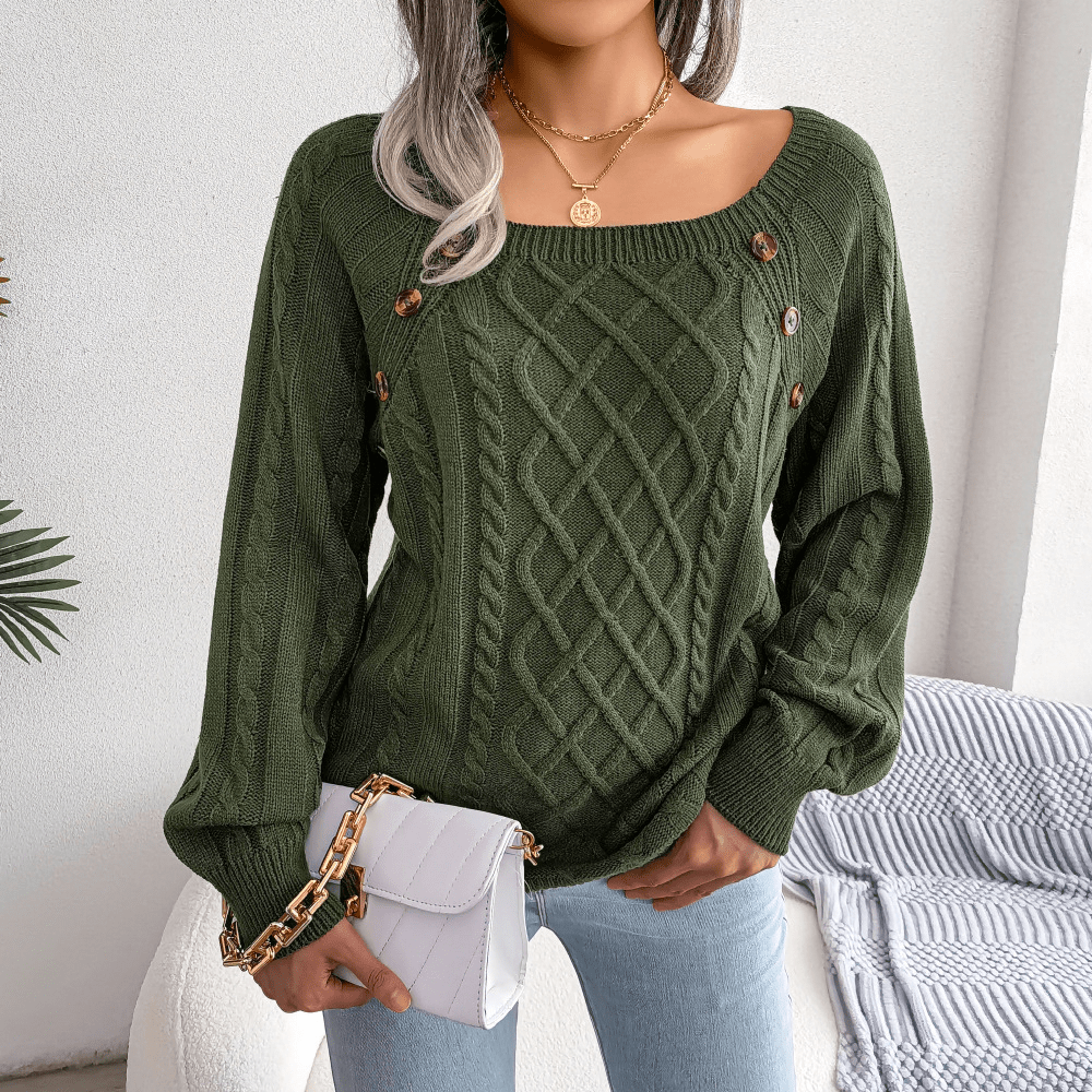 Sandra | Dame Kabelstrik Sweater Med Knapdetaljer