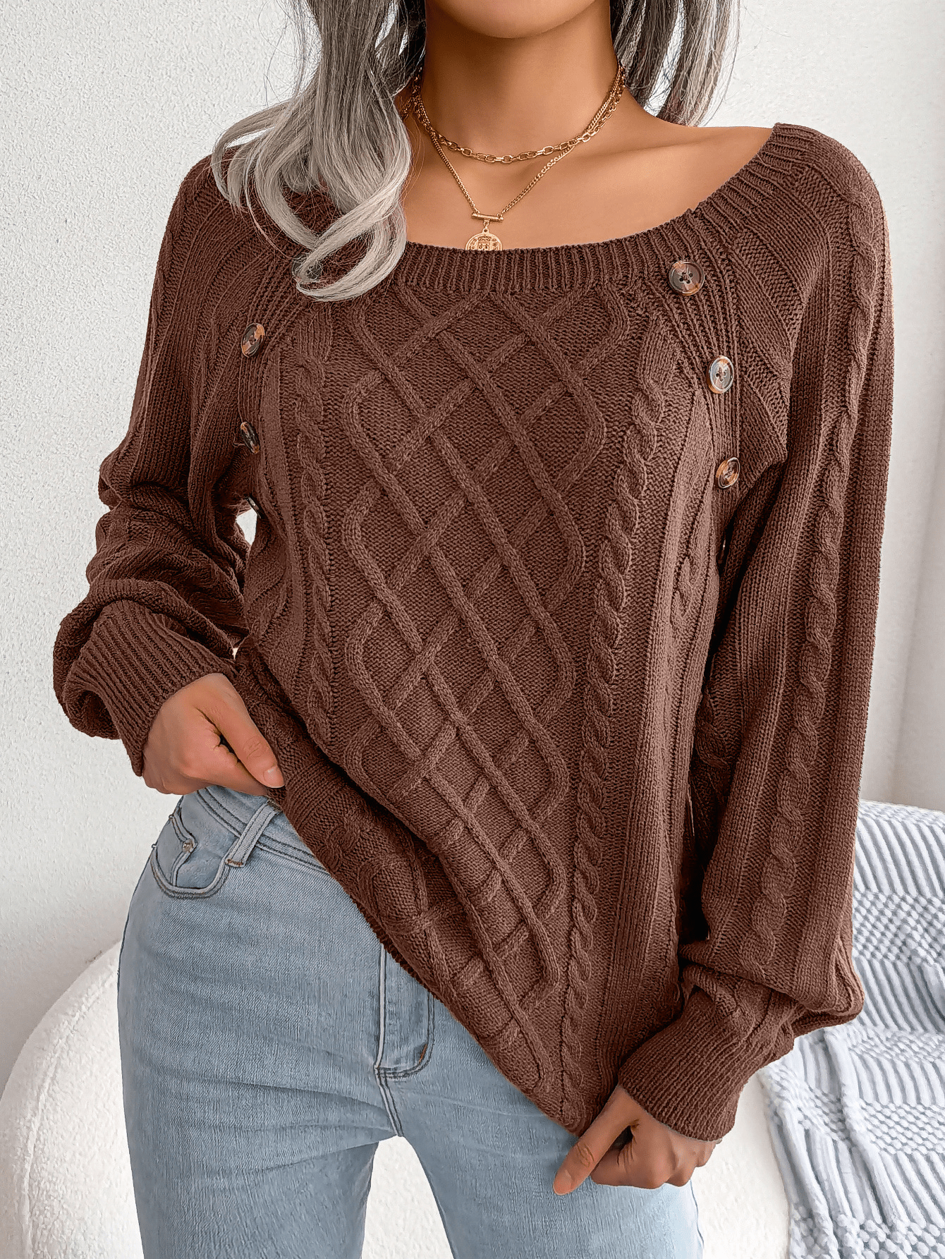 Sandra | Dame Kabelstrik Sweater Med Knapdetaljer