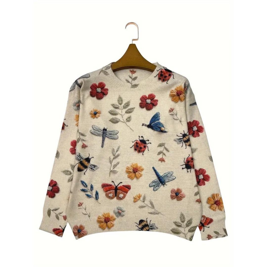 Birthe | Dames casual sweater med blomster- og insektmotiv