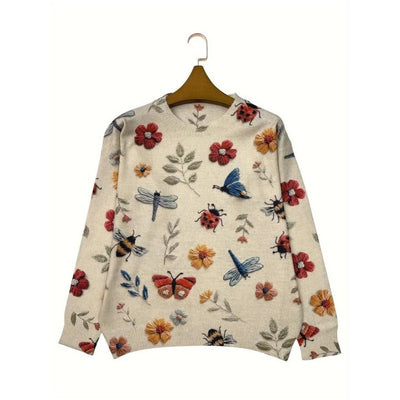 Birthe | Dames casual sweater med blomster- og insektmotiv