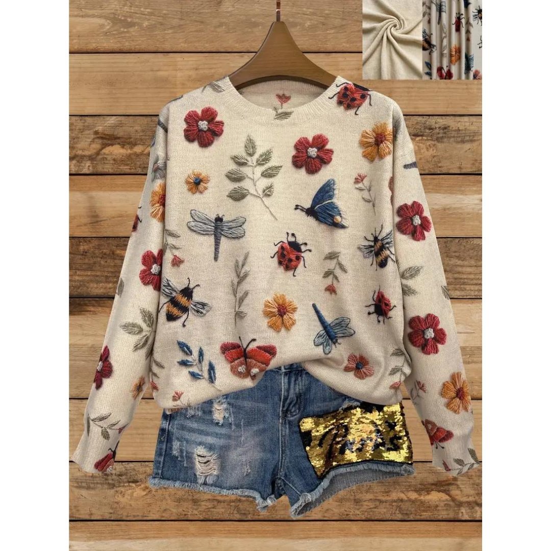 Birthe | Dames casual sweater med blomster- og insektmotiv