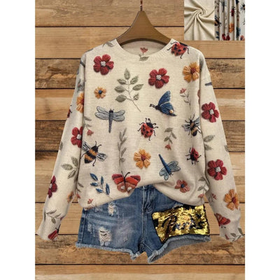 Birthe | Dames casual sweater med blomster- og insektmotiv