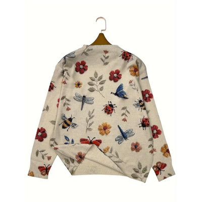 Birthe | Dames casual sweater med blomster- og insektmotiv