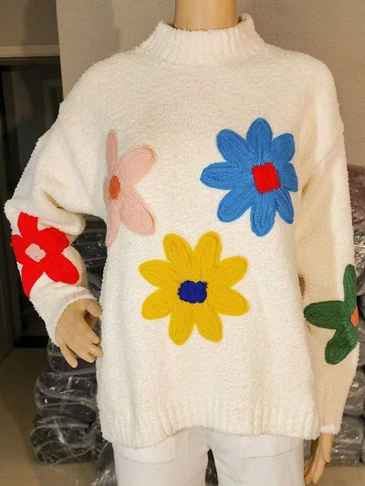 Edith | Afslappet varm sweater med blomstret strik til kvinder