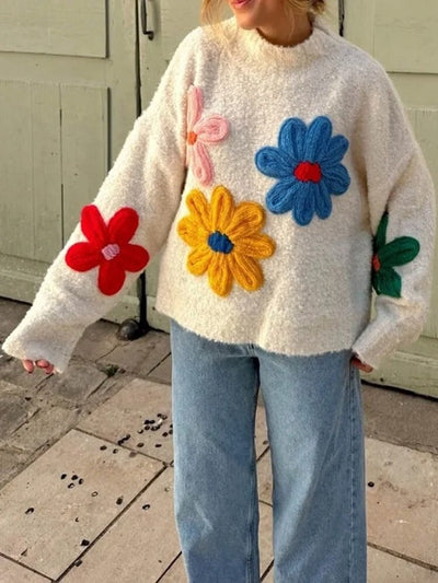 Edith | Afslappet varm sweater med blomstret strik til kvinder