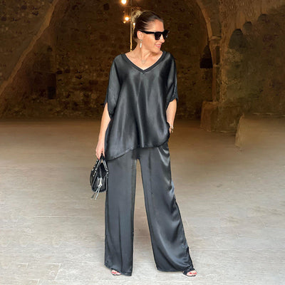 Andrea | Dame Satin Top Og Bred-Ben Bukser Sæt