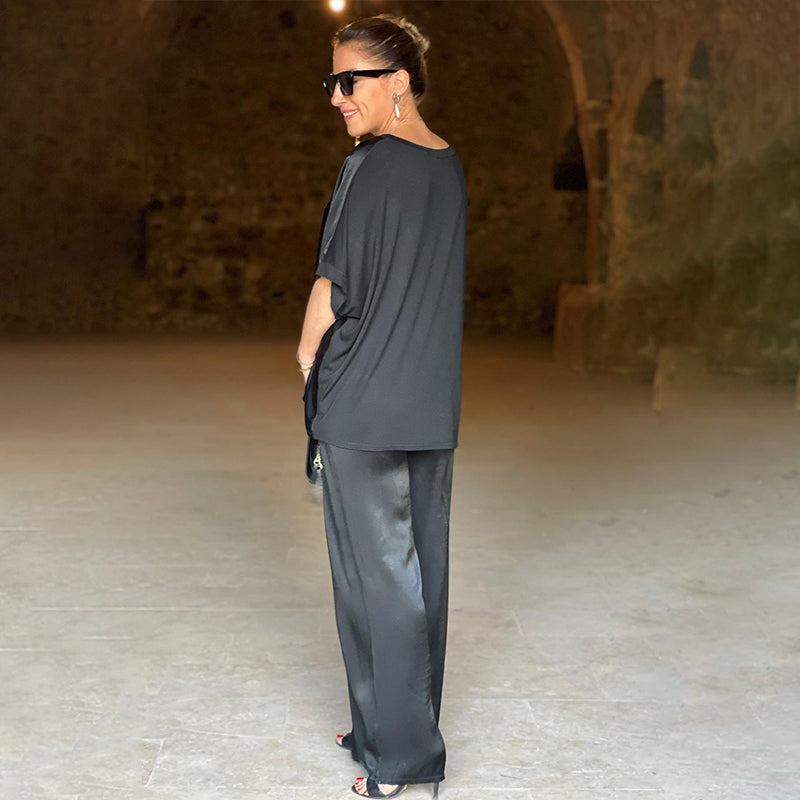 Andrea | Dame Satin Top Og Bred-Ben Bukser Sæt