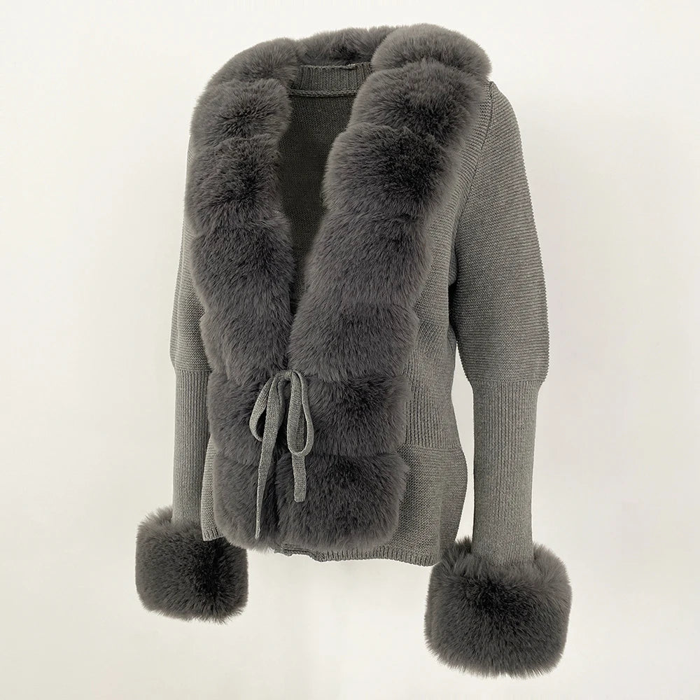 Celina | Dame Cardigan med Kunstpelskant og Bindelukning